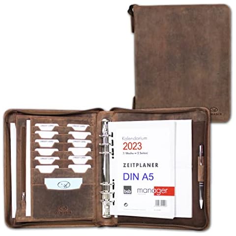 ALMADIH Leder A5 Organizer Reißverschluss + Kalender 2023 & Schreibblock BV Premium Rindsleder Ledermappe Terminplaner Mappe Systemplaner Konferenzmappe Ringmechanik braun Cover