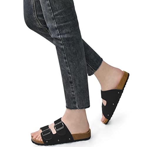 Oncai Womens Comfortable Sandals Knock Off Clogs Sandals Women Dressy Summer Flat With Arch Support Two Strap Slip On Adjustable Buckle Slides Shoes For Women Black Size 11 #TOP2