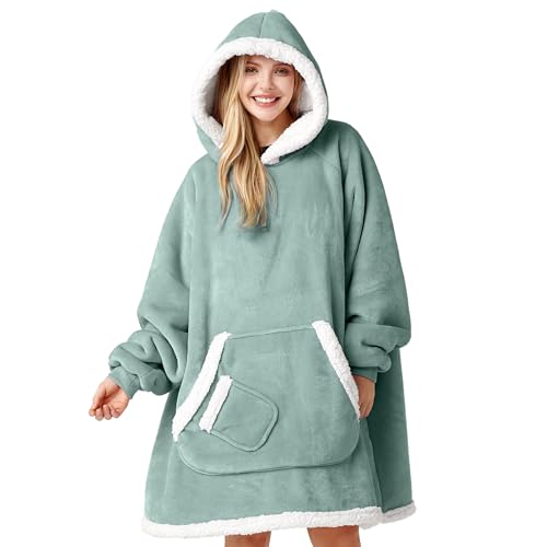 Giggling Getup Wearable Blanket Hoodie for Women Men Gifts for Women Mom Wife Sherpa Fleece Hooded Blanket Sweatshirt Cozy Sherpa Wearable Throw with Pocket & Sleeves for Adult Standard Sage Green