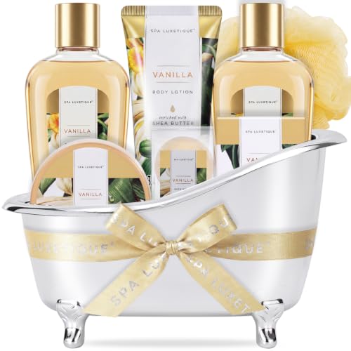 Image of Gift Baskets for Women, Spa Luxetique 8 Pcs Vanilla Birthday Bath and Body Set, Self Care Kit for Her, Including Bubble Bath, Shower Gel, Body Lotion Christmas Gifts for Mom