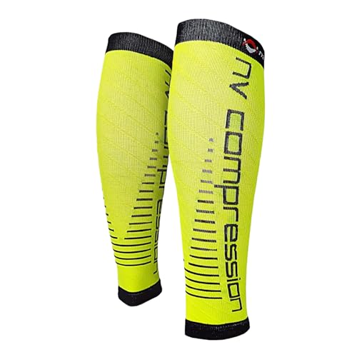 NV Compression Race and Recover Manchons de compression pour les mollets - Noir - Compression Sports Calf Sleeves - Black - For Running, Cycling, Crossfit, Gym (Fluo Yellow/Black Stripes, S-M) – vue 2
