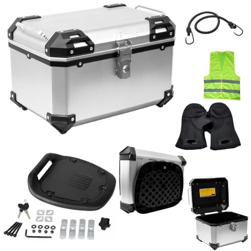 DESCRIZIONE DEL PRODOTTO: -OMAGGI COME IN FOTO: CINGHIA ELASTICA+GILET FLUO+COPRIMANOPOLE IN NEOPRENE -BAULETTO VALIGIA BAULE SIFAM 52 LITRI PER MOTO SCOOTER -TOP CASE X-PLOR colore ALLUMINIO NATURALE, (Lunghezza 54 x Larghezza 36 x Altezza 27),peso portata 6kg. -Sviluppato per il posizionamento posteriore, questo compatto top case da 52 litri si fissa alla moto tramite una piastra UNIVERSALE sui portapacchi di serie o sulle staffe delle moto o scooter da montare a parte. -NON è COMPRES