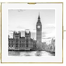 Isaac Jacobs 10x10, Antique Gold, Vintage Style Brass and Glass Hanging Picture Frame, Wall-Mountable, Floating Picture Frame w/ Locket Closure, for Photos, Wall Decor, More 10x10, Antique Gold