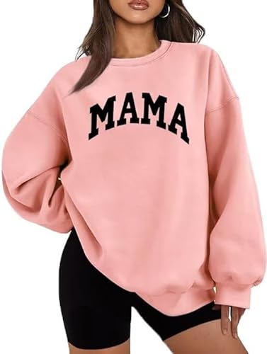 LEEDYA Women Long Sleeve Mama Sweatshirts Oversized Crewneck Pullover Hoodies Casual Knit Graphic Mom Tops Sweater, Pink, Medium