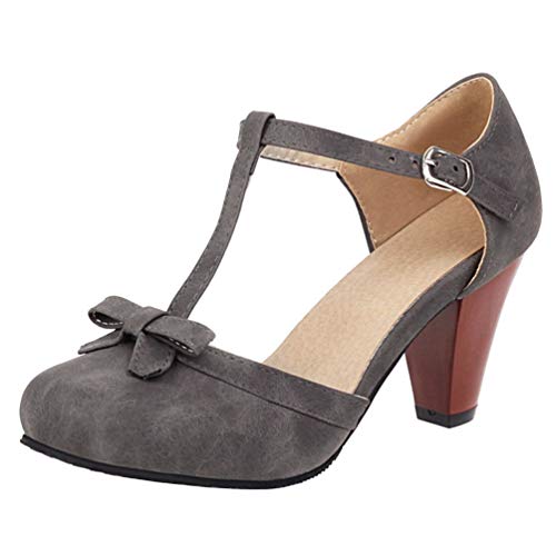 Caradise Womens T Strap Mary Jane Chunky Heel Pumps with Bow - Main Image