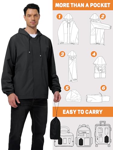 UIQUR Men\'s Rain Jacket Waterproof Windbreaker Raincoat Cycling Running Hiking Golf Travel Gear Hood Lightweight Packable Black L