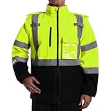 SHORFUNE High Visibility Softshell Safety Jacket for Men, Waterproof Fleece Lining Class 3 Reflective Work Jackets with Detachable Hood and Sleeves &Black Bottom, L, Yellow