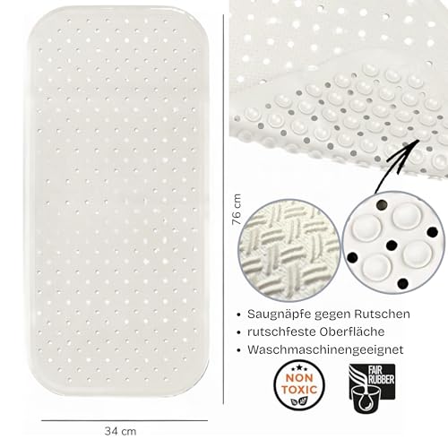 FAIR ZONE Badewannenmatte rutschfest 76x34 cm Antirutschmatte Badewanne Plastikfrei FSC Naturkautschuk 100% BPA+PVC frei Wanneneinlage in Perlweiß Weiß
