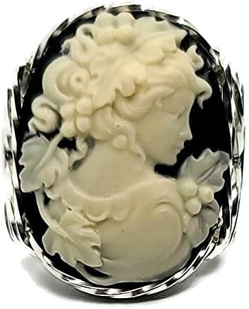 Grecian Goddess Grapes Large Cameo .925 Sterling Silver Ring Black US Ring 5-14