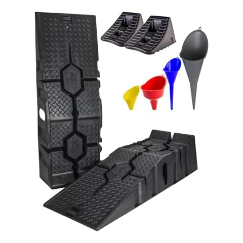 Flotool Oil Change Kit, Includes The Perfect Funnel Mix (4 Pack) for Oil and Other Fluids & RhinoGear Vehicle Ramp Pair (12,000lb. GVW Capacity) and Wheel Chock Pair for Stress-Free Oil Changes Cover