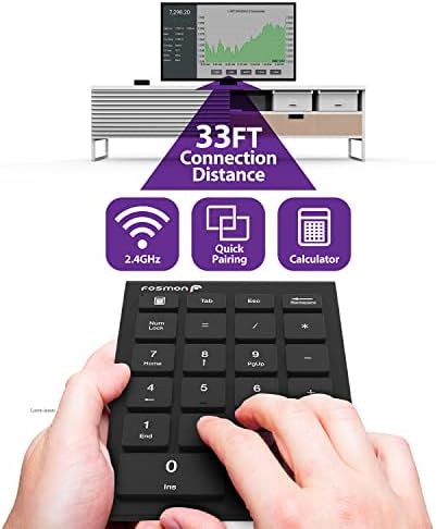 Fosmon 22 Key Numeric Keypad, Wireless USB Adapter 2.4GHz Numpad, Ten Keys Shortcut Function & Hotkey, Up to 33FT Device Distance, Compatible with USB Port Laptop, PC, Desktop, Surface Pro, Notebook