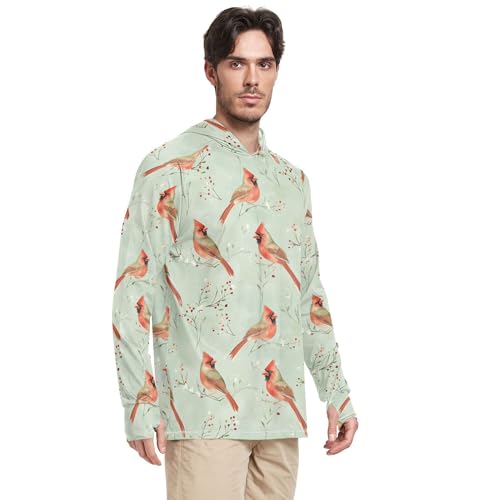 Aesthetic Northern Red Birds Sage Green Mens Sun Hoodies Shirts Long Sleeve Beach Hoodies UPF 50 + Beach Shirt S2