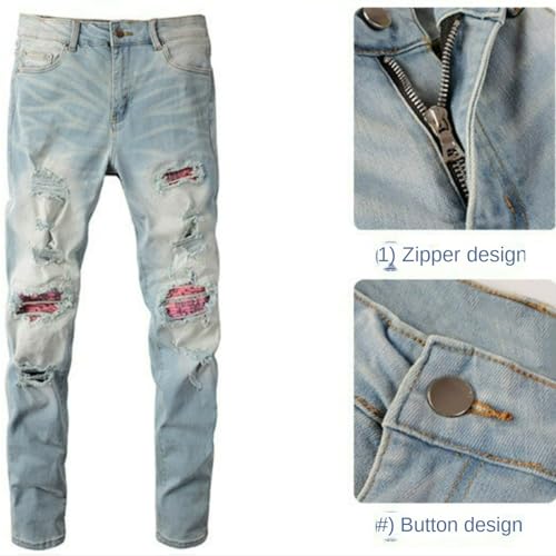 Jeans Pants Trouser Denim Men Stretch Slim Fit Worn Hole Patched with Scratching Fading Street Trendy Washed Light Blue(Light Blue,31)4