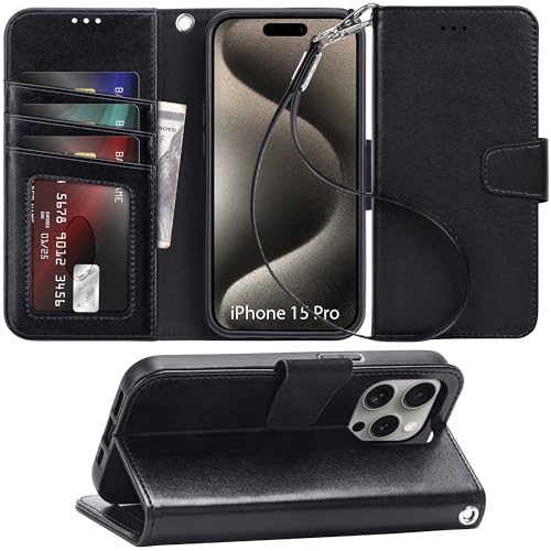 Arae Compatible with iPhone 15 Pro Case with Card Holder and Wrist Strap Wallet Flip Cover for iPhone 15 Pro 6.1 inch,Black