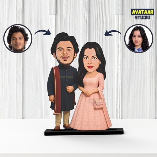 Image of Wood Rectangular Personalized Caricature Gift for Couple, 7 Inches, Tabletop Multicolor, Art Deco Style (COUPLE DES - 5)