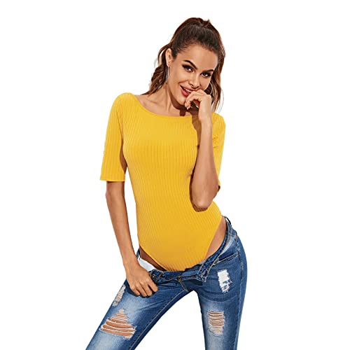 Bodys pour femmes à manche moyenne et cou rond en tricot stretch