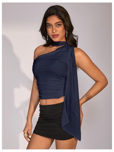 Image of RoseSeek Women's Y2K Leopard Polka Dots Halter Asymmetrical Neck Crop Tops | One Shoulder, Slim Fit, Sleeveless, Cheetah Print, Summer Tops, Scarf Tops, Party, Going Out Tops