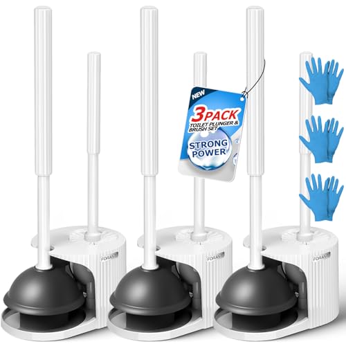 Image of FORASTO 3Pack 2 in 1 Toilet Brush and Plunger Set, Extended Handle Plunger,Toilet Bowl Brush Plunger Set,Bathroom Cleaning Tools,Toilet Brush Plunger Combo,Cleaning Brush,Cleaning Supplies, White