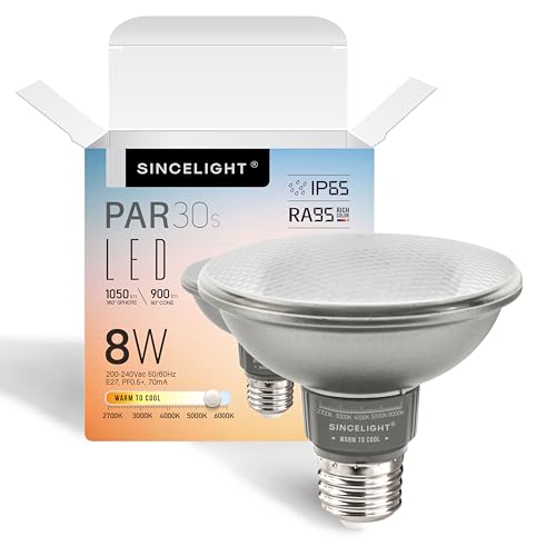 SINCELIGHT Bombilla LED PAR30s con Base E27, 8W, Equivalente a 100W, Regulable en Temperatura de Color, Blanco Cálido a Blanco Frío : 2700K 6000K, Alto CRI 95, 1050lm, Impermeable IP65, Paquete de 1