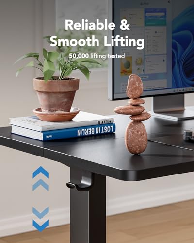 Image of HUANUO Electric Standing Desk, Height Adjustable Desk, 4 Memory Height Settings, Black Sit to Stand Up Desk for Home Office, with Headphone Hook, Cable Manager