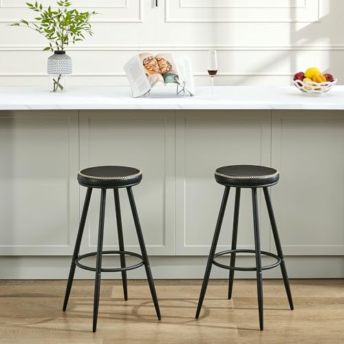Image of FIRAVOE Bar Stools Set of 2, Swivel Backless 28 inch Counter Height Bar Stools for Kitchen Island, Faux Leather Counter Stools (Black, 2 PCS 28'' Height)