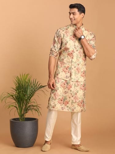 Image of VASTRAMAY Men's Multicolor Base Silk Blend Jacket, Kurta and Pyjama Set || Classic Flower Print Nehru Jacket with Kurta and Pyjama - Perfect for Festive Occasions