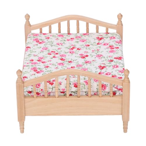 1/12 Miniatur-Puppenhausbett, Elegante Miniatur-Bettmöbel, Dekoratives Puppenhaus-Bett aus Holz, Blumenmöbel, Miniatur-Bettzubehör