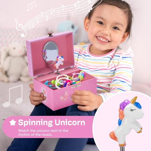 Jewelkeeper Unicorn Butterfly Jewellery Box 1 Piece Pink for Girls - Wooden Jewellery Box with Velvet Lining for Little Girls Necklaces and Accessories