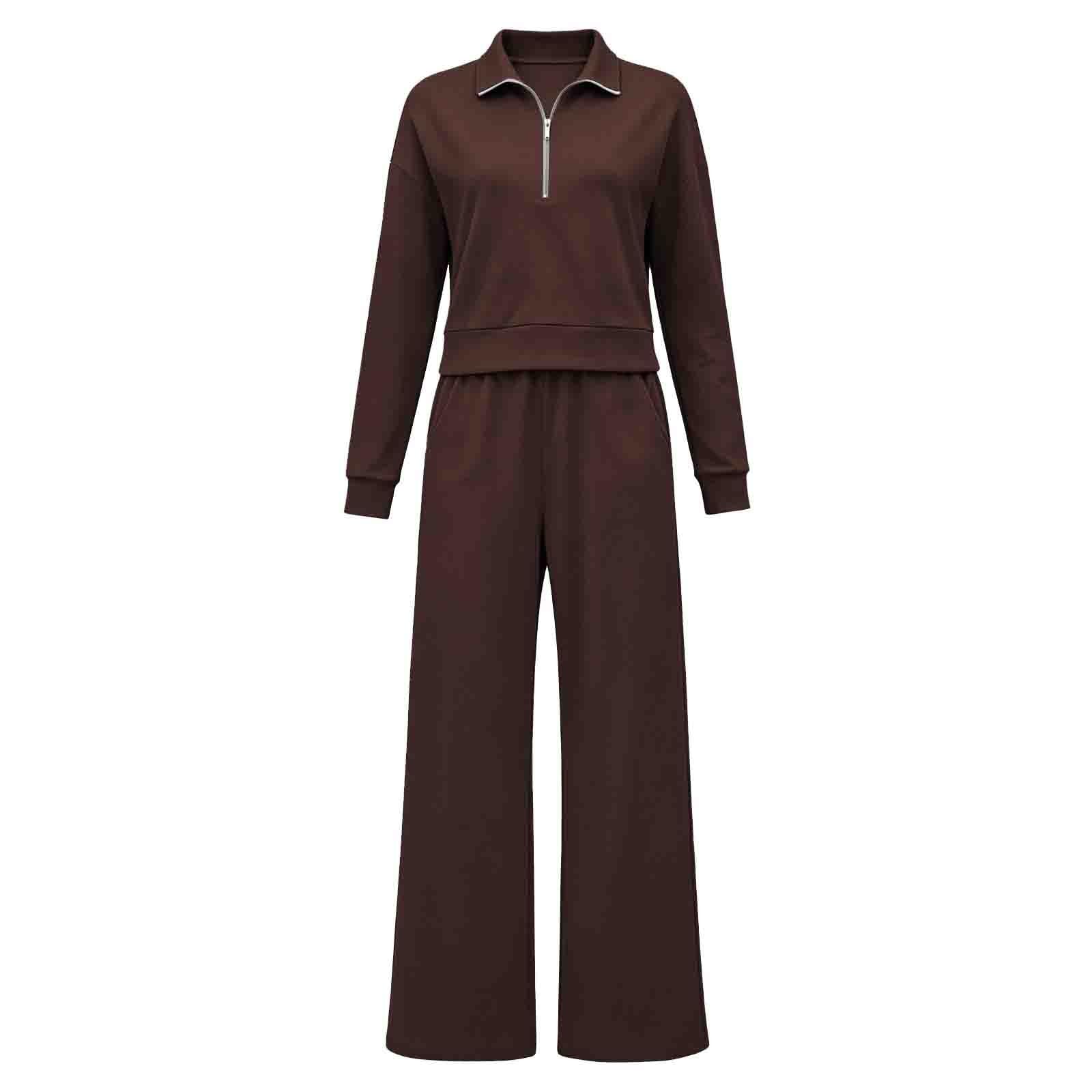 Generisch Tuta da donna elegante in due pezzi, a 2 pezzi, a maniche lunghe, con gamba larga, vestibilità morbida, leggera, comoda tuta sportiva, tinta unita