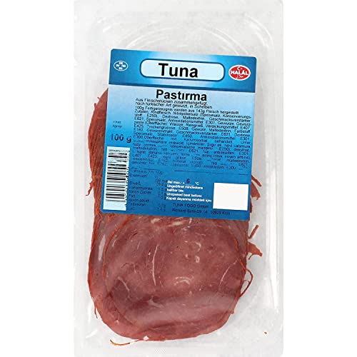 TUNA FOOD Rinderrohschinken 100g I Abgepackter Aufschnitt I Halal, Nach Türkischer Art, Pastirma 100 gr, 100% Helal Cover