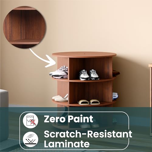 Image of 360 Rotating Multipurpose Storage Cabinet - Laminated Engineered Wood Organizer Rack | Space-Saving Rotating Shelf for Bedroom, Living Room, Dressing Area & Bathroom (Teak Brown, 3-Tier)
