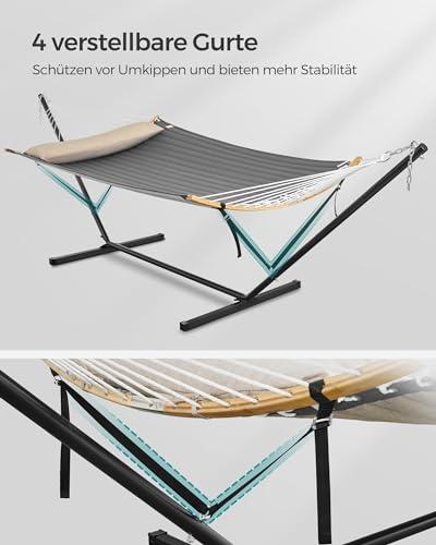 SONGMICS Hängematte mit Gestell, Hängemattengestell aus Metall, Doppelhaltestange, mit Kissen, bis 200 kg belastbar, Garten, schwarzes Gestell und graue Hängematte GHS002G01 3