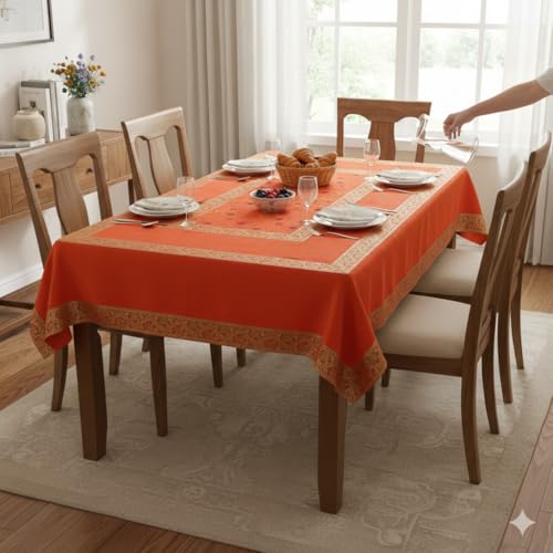 Image of New Year Room Decor Embroidery Brocade Silk Table Cover for Centre & Dinning Table and 4 & 6 Seater Dining Table /Tablecloth, (50 By 50 Inches) (Orange)