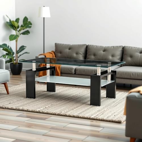 Image of Royaloak Penang Malaysian Glass Coffee Table | Tempered Glass | HDF with High Gloss Finish | Bottom Glass Shelf for Utility | Stainless Steel Piping Support | Elegant Design | Malaysian Collection