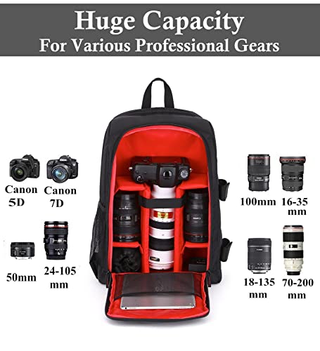 Image of Camera Backpack Waterproof Camera Bag | Large Capacity Camera Case with 15 Inch Laptop Compartment & Rain Cover | for Photographer carrying DSLR SLR Cameras Lens Tripods