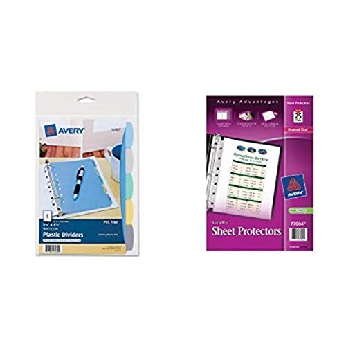 Avery Mini Plastic Durable Write-On Dividers, 5.5 x 8.5 Inches, 5 Tabs, 1 Set (16180) and Avery Mini Heavyweight Sheet Protectors, 5.5 x 8.5 Inches, Pack of 25 (77004) Bundle
