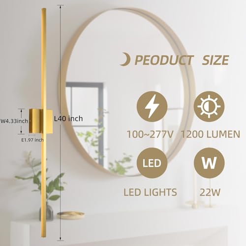 Image of Wall Sconces Set of Two,LED Hardwired Dimmable Wall Sconce,Gold Wall Sconce for Bathroom, Living Room, Bedroom, Hardwired 3000K 40 Inch (2 Pack)