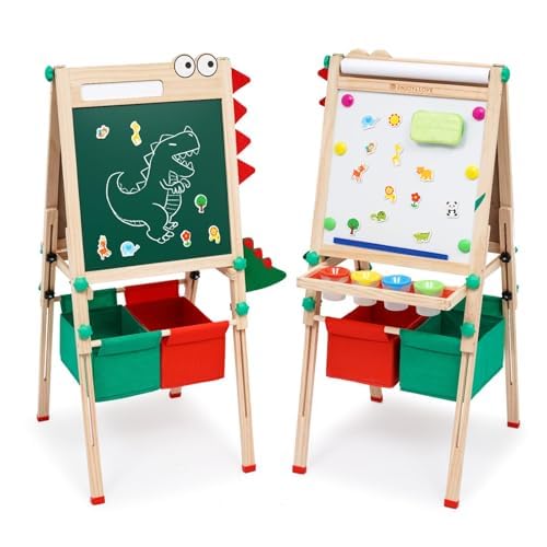 Sztaluga dziecięca z rolką papierową, dwustronna tablica suchościeralna i tablica do pisania kredą, regulacja wysokości, z pudełkami do przechowywania i akcesoriami do malowania, tablica stojąca dla