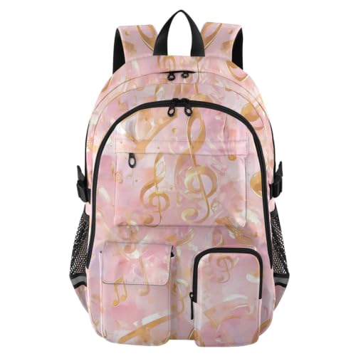 Mochilas de viaje para laptop con notas musicales rosa dorado
