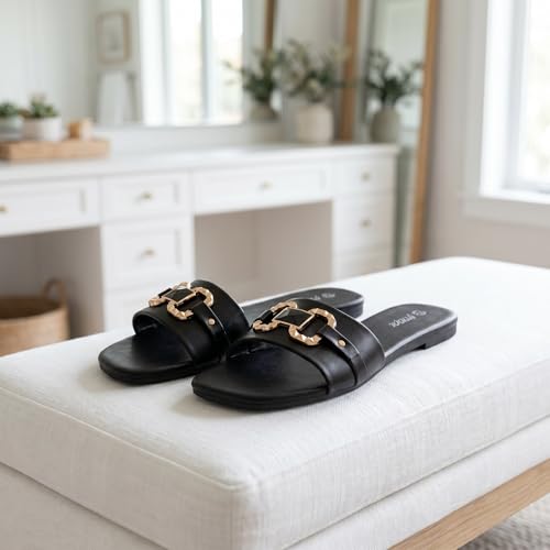 Han Eohs Women's Square Toe Flat Sandals Dressy Slip On Slides Flat Low Heel Slippers for Summer Beach Casual Wear by Han Eohs - Used condition - Image 2