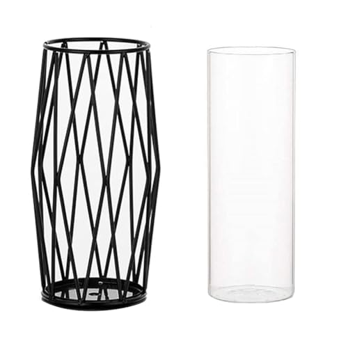 Florero de Vidrio con Soporte Metálico - Jarrón de Diseño Geométrico para Plantas Hidropónicas y Flores, Ideal para Centros de Mesa en Bodas y Decoraciones Interiores - Negro, 28 cm