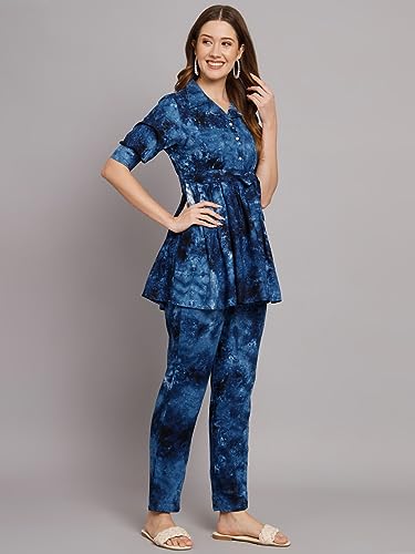 Image of Women's Cotton Regular Fit V Neck Printed Top with Trouser Co-ords Set with Fashion & Elegant Design (1 Top 1 Pant 1 Belt)