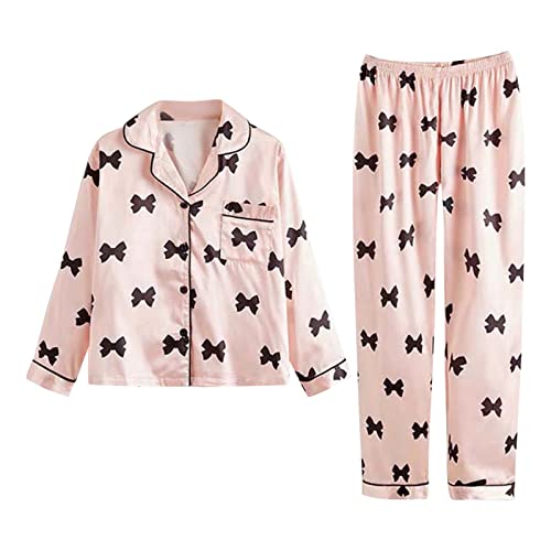 Girl Kids Summer Silk 𝐏ajamas Set Long Sleeve Button Down Tops Pants Bow Prints 2 Piece Outfits Cozy Satin Sl𝐞epwear