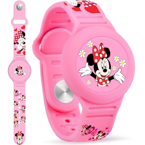 Waterproof Airtag Bracelet for Kids, Cute Cartoon Silicone Air Tag Holder Hidden Design, Light Weight Compatible with Apple AirTag Wristband for Child, Pink