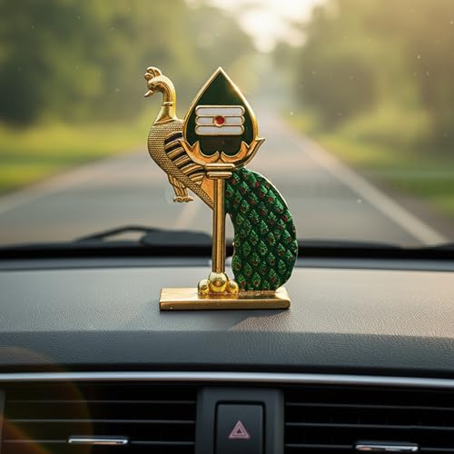 Image of Divine Lord Murugan Murugar Vel mayil Idol for Car Dashboard, Home, Office Desk - Murugar Murti Vel for for Pooja, Temple Showpiece, Decoration, Festivals and Gifting (8.5.5 cm, Green Colour)