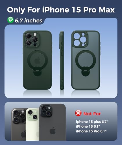 Image of FNTCASE for iPhone 15 Pro-Max Case: [360 Spin Magnetic Stand] [Compatible with Magsafe] [Screen Protector] Translucent Matte Military Grade Shockproof Full Camera Protective Phone Cover - Green