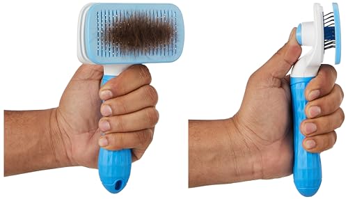Image of Amazon Basics Self Cleaning Slicker Pet Grooming Brush|Pet Cleaning Tool Suitable for All Pets|Rectangular Shape with Amazon Basics Stainless Steel Printed Pet Bowl|Pack of 2|700 ML Each