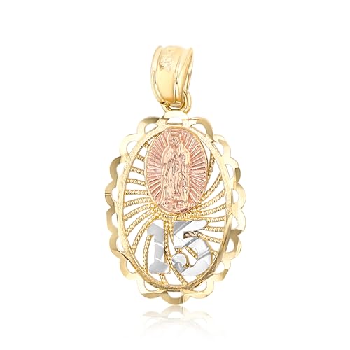 Ioka - 14K Tri Color Gold Sweet 15 Years Bday Quinceanera Virgin Mary Round Charm Tiny Size Pendant For Necklace or Chain