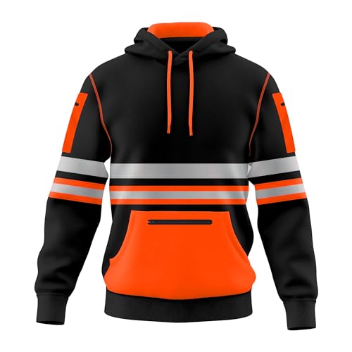 Herren Hi Vis Arbeitskleidung Pullover Hoodie Sicherheits-Reflektierendes Band Hochsichtbares Sweatshirt Hoodie Hohe Sichtbarkeit Oberteil Mit Mehreren Reißverschlusstaschen S-2XL, Orange / Schwarz, M