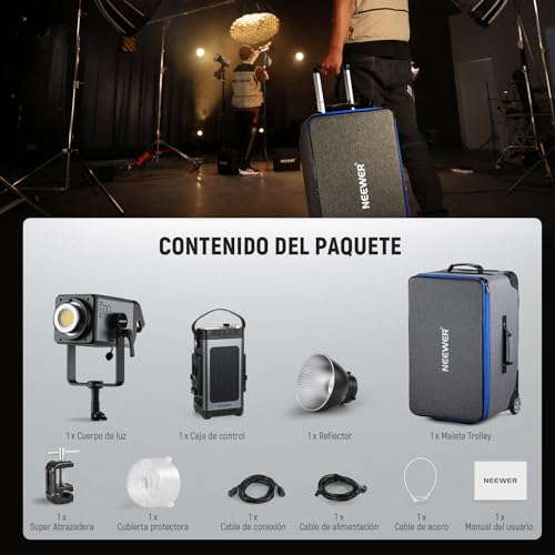 Ficha técnica NEEWER AS600B COB LED Luz Video Continua con 2.4G App Control 600W 2700K-6500K CRI96+ TLCI98+ PWM Fuente Atenuación 12 Escenas Ventilador Silencioso Bowens Mount para Transmisión Estudio - Fernando Cortés